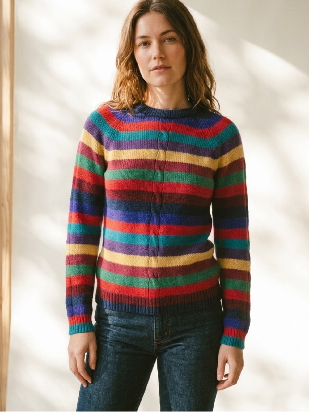 80s Vintage Collage rainbow striped sweater. Medium